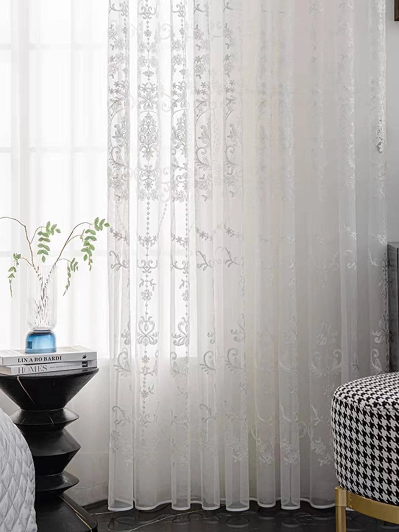 Sheer Curtains White Embroidered Floral Voile Drapes for Living room, Bedroom - Slobuy
