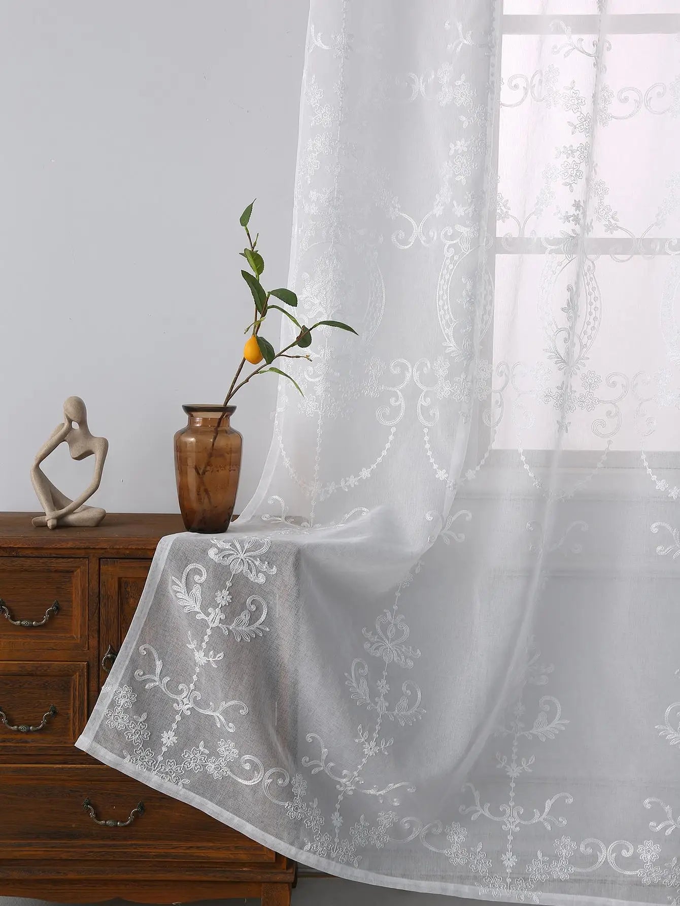 Sheer Curtains White Embroidered Floral Voile Drapes for Living room, Bedroom - Slobuy