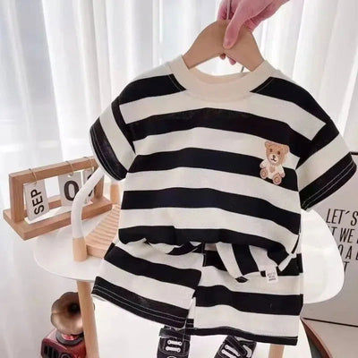 Short-sleeved Set Striped T-shirt +Shorts Boys Summer Trendy Costume Babies Fashion Round Neck Tracksuits Children's Clothing - Slobuy