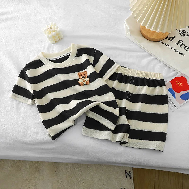 Short-sleeved Set Striped T-shirt +Shorts Boys Summer Trendy Costume Babies Fashion Round Neck Tracksuits Children's Clothing - Slobuy