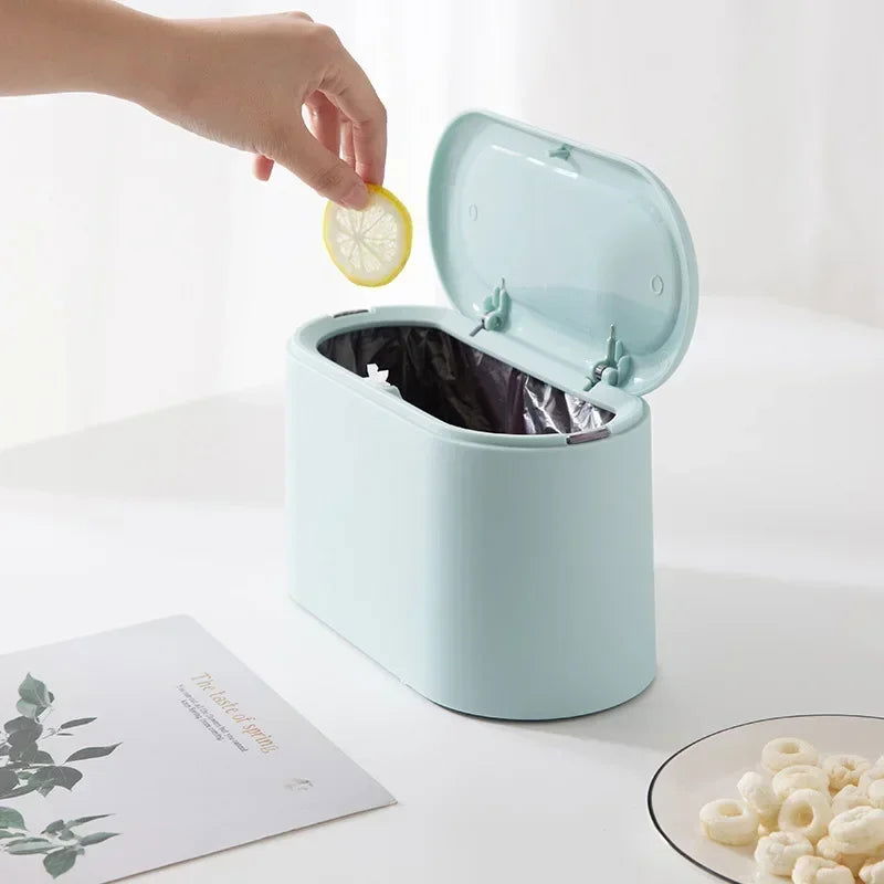 Simple Desktop Trash Bin Mini Durable Storage Bucket Can Automatic Pop-up Lid For Dressing Tables Home Office Garbage Bucket - Slobuy