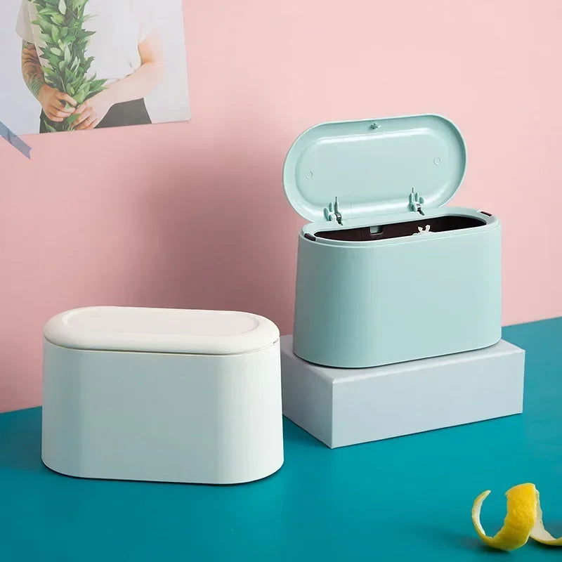 Simple Desktop Trash Bin Mini Durable Storage Bucket Can Automatic Pop-up Lid For Dressing Tables Home Office Garbage Bucket - Slobuy