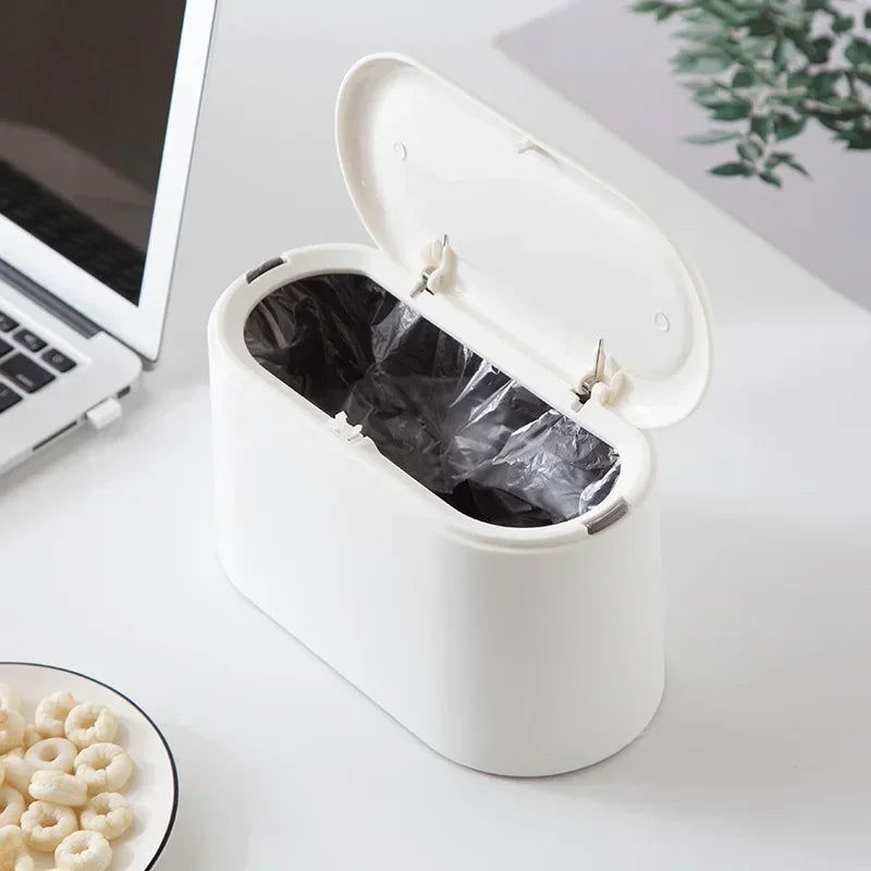 Simple Desktop Trash Bin Mini Durable Storage Bucket Can Automatic Pop-up Lid For Dressing Tables Home Office Garbage Bucket - Slobuy