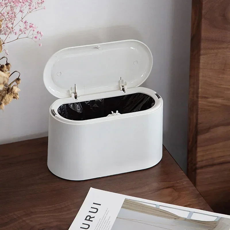 Simple Desktop Trash Bin Mini Durable Storage Bucket Can Automatic Pop-up Lid For Dressing Tables Home Office Garbage Bucket - Slobuy
