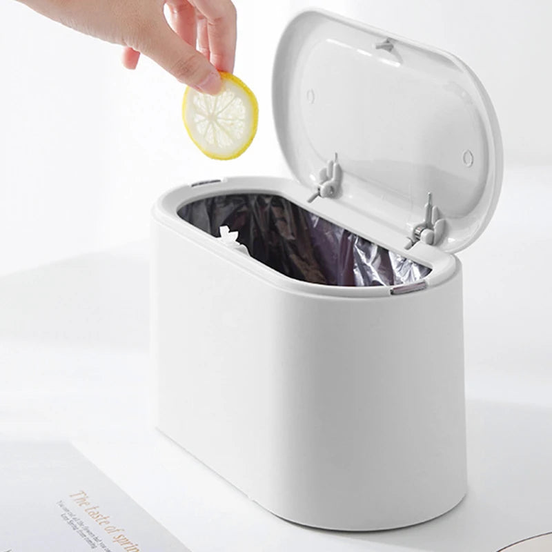 Simple Desktop Trash Bucket Mini Durable Storage Bucket Can Automatic Pop-up Lid For Dressing Tables Home Office Garbage Bucket - Slobuy