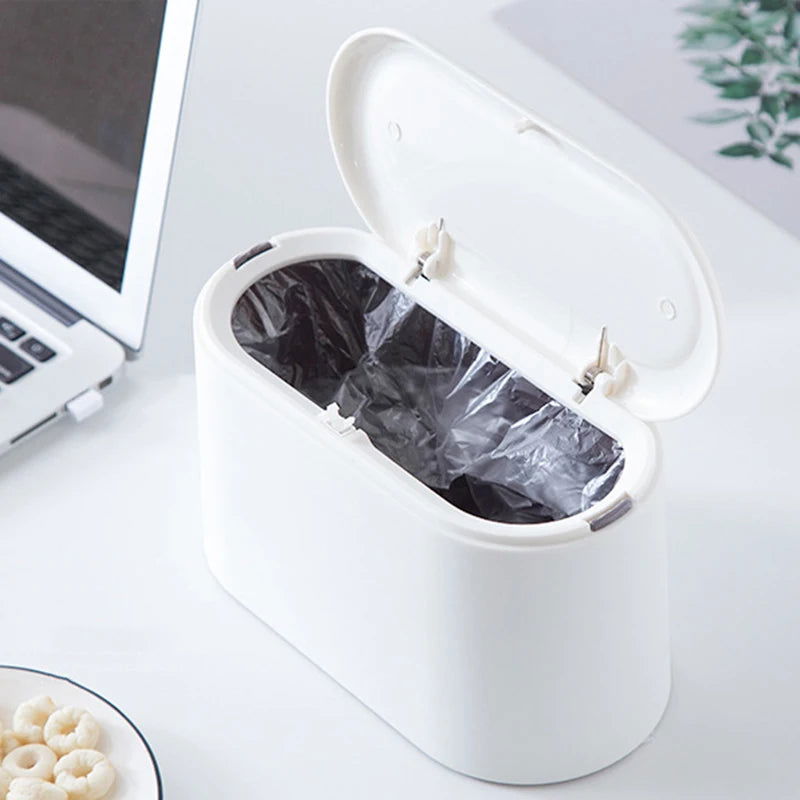 Simple Desktop Trash Bucket Mini Durable Storage Bucket Can Automatic Pop-up Lid For Dressing Tables Home Office Garbage Bucket - Slobuy