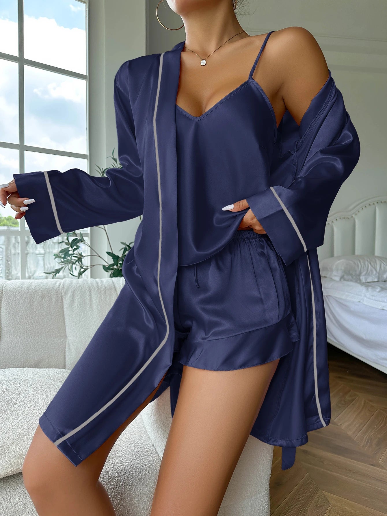 Simple Satin Pajama Set Long Sleeve Belted Robe  V Neck Cami Top And Shorts Women's Sleepwear - Slobuy