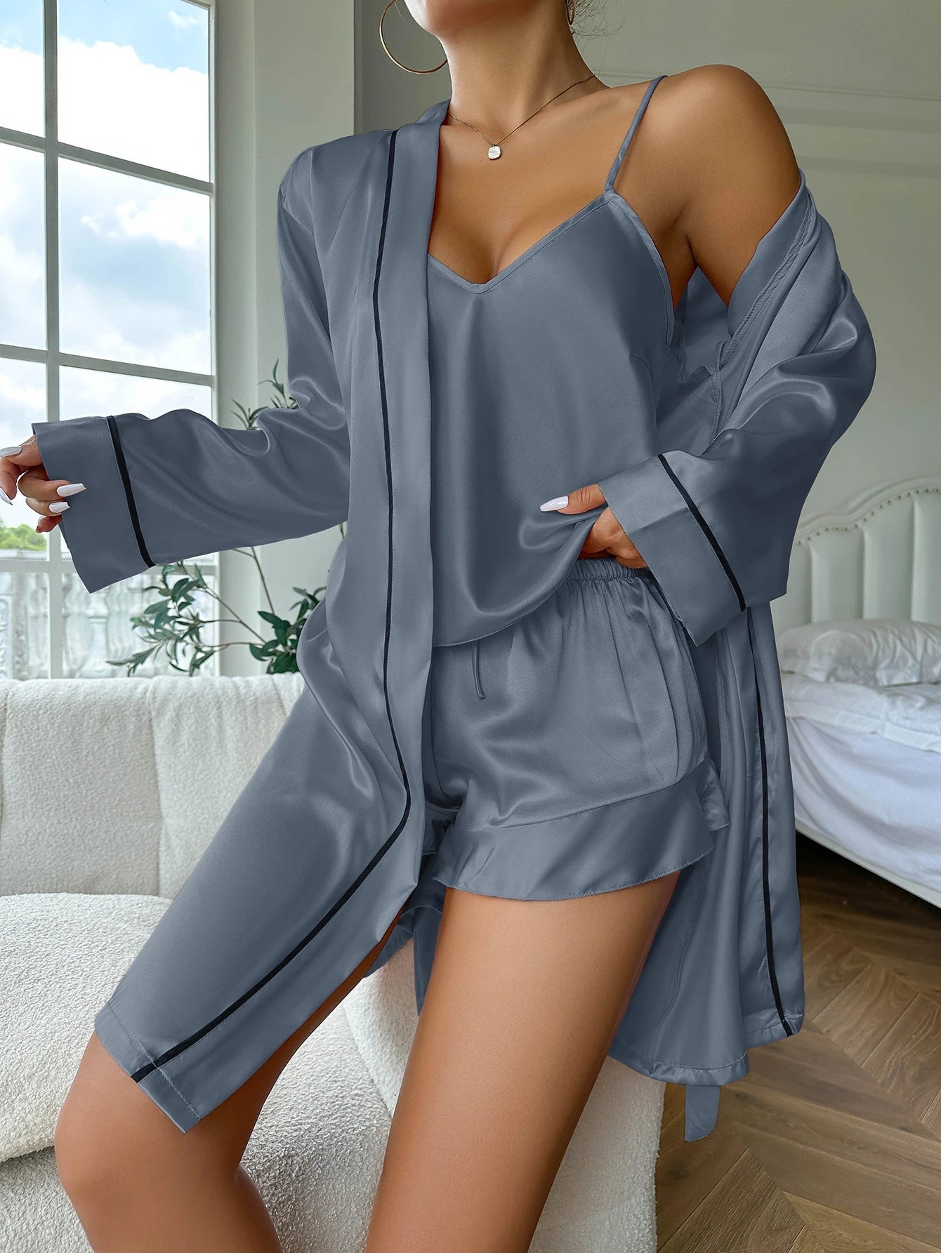Simple Satin Pajama Set Long Sleeve Belted Robe  V Neck Cami Top And Shorts Women's Sleepwear - Slobuy