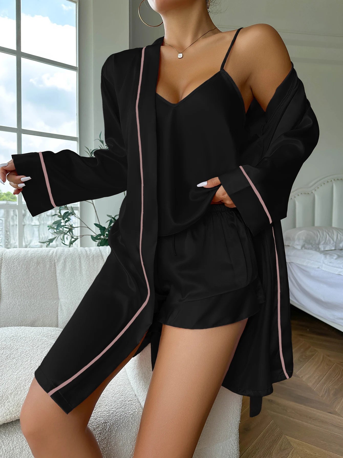 Simple Satin Pajama Set Long Sleeve Belted Robe  V Neck Cami Top And Shorts Women's Sleepwear - Slobuy