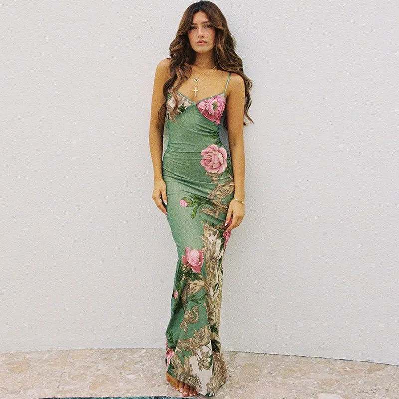 Sleeveless Print Suspender dress women Fashion Vneck slim long skirt 2023 summer fashion women's beach party club robe JY23159SK - Slobuy