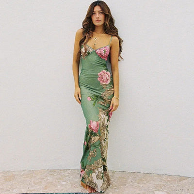 Sleeveless Print Suspender dress women Fashion Vneck slim long skirt 2023 summer fashion women's beach party club robe JY23159SK - Slobuy