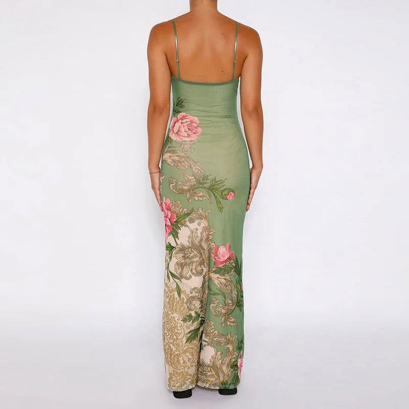 Sleeveless Print Suspender dress women Fashion Vneck slim long skirt 2023 summer fashion women's beach party club robe JY23159SK - Slobuy