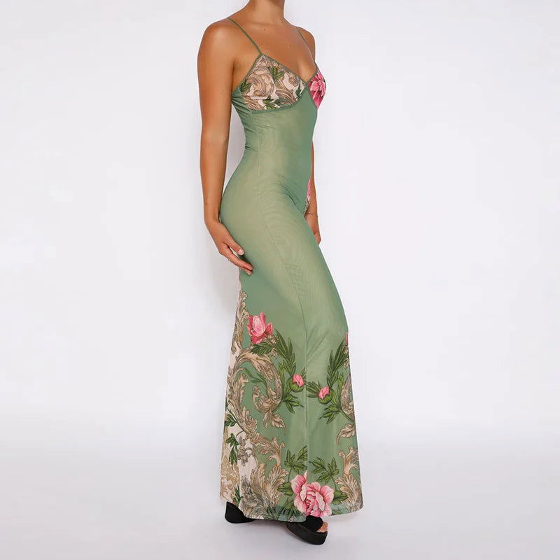 Sleeveless Print Suspender dress women Fashion Vneck slim long skirt 2023 summer fashion women's beach party club robe JY23159SK - Slobuy
