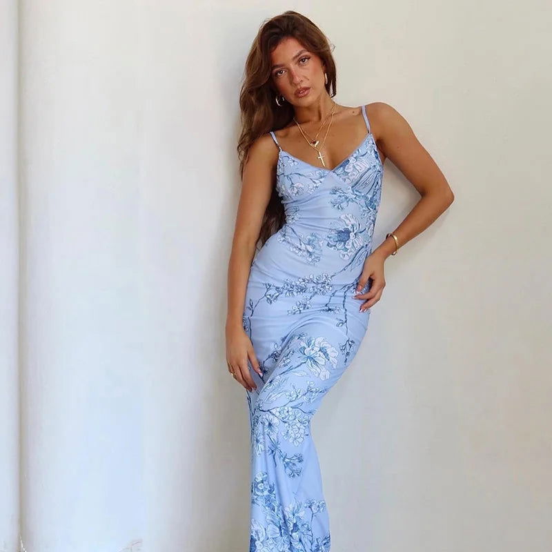 Sleeveless Print Suspender dress women Fashion Vneck slim long skirt 2023 summer fashion women's beach party club robe JY23159SK - Slobuy