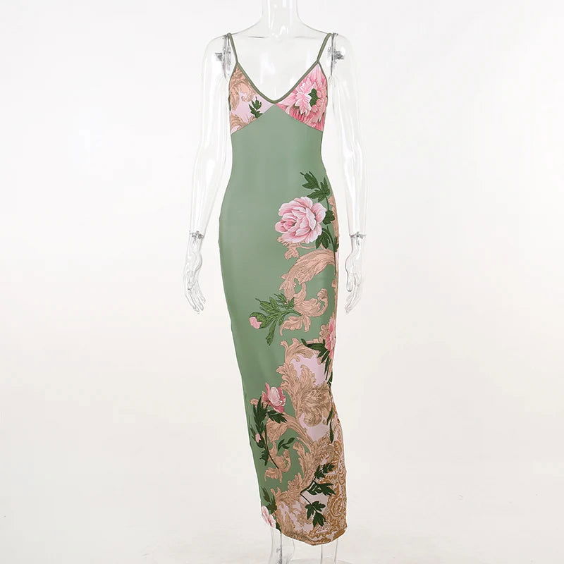 Sleeveless Print Suspender dress women Fashion Vneck slim long skirt 2023 summer fashion women's beach party club robe JY23159SK - Slobuy
