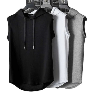 Sleeveless Running Vest Men Shirt with Hat Solid Color Cool Sleeveless Shirt Hooded Sweat Shirt Outdoor Gym Cycling Sports Wear - Slobuy