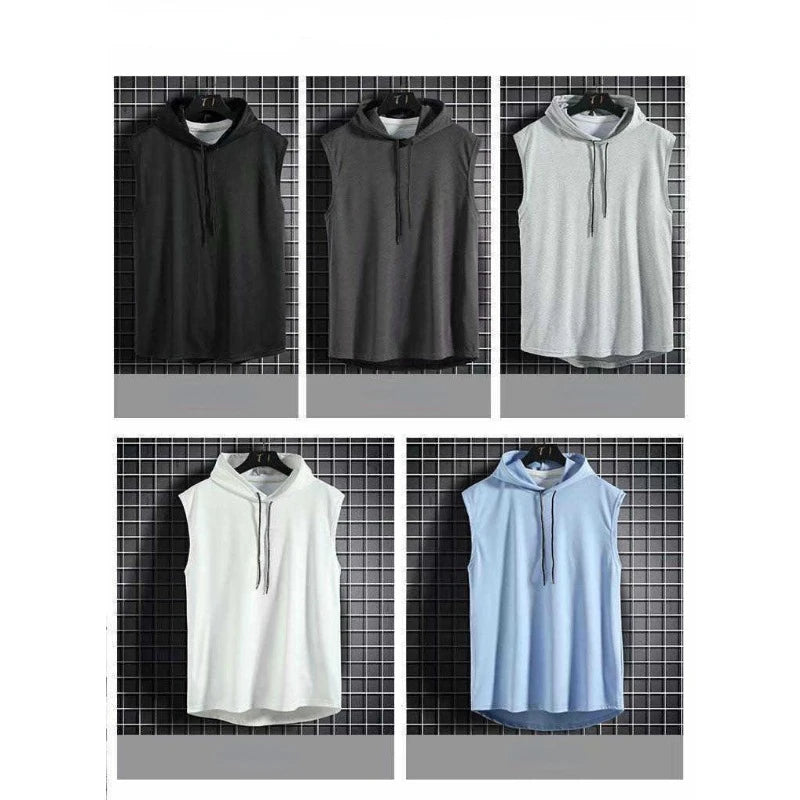 Sleeveless Running Vest Men Shirt with Hat Solid Color Cool Sleeveless Shirt Hooded Sweat Shirt Outdoor Gym Cycling Sports Wear - Slobuy