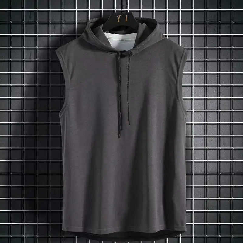 Sleeveless Running Vest Men Shirt with Hat Solid Color Cool Sleeveless Shirt Hooded Sweat Shirt Outdoor Gym Cycling Sports Wear - Slobuy