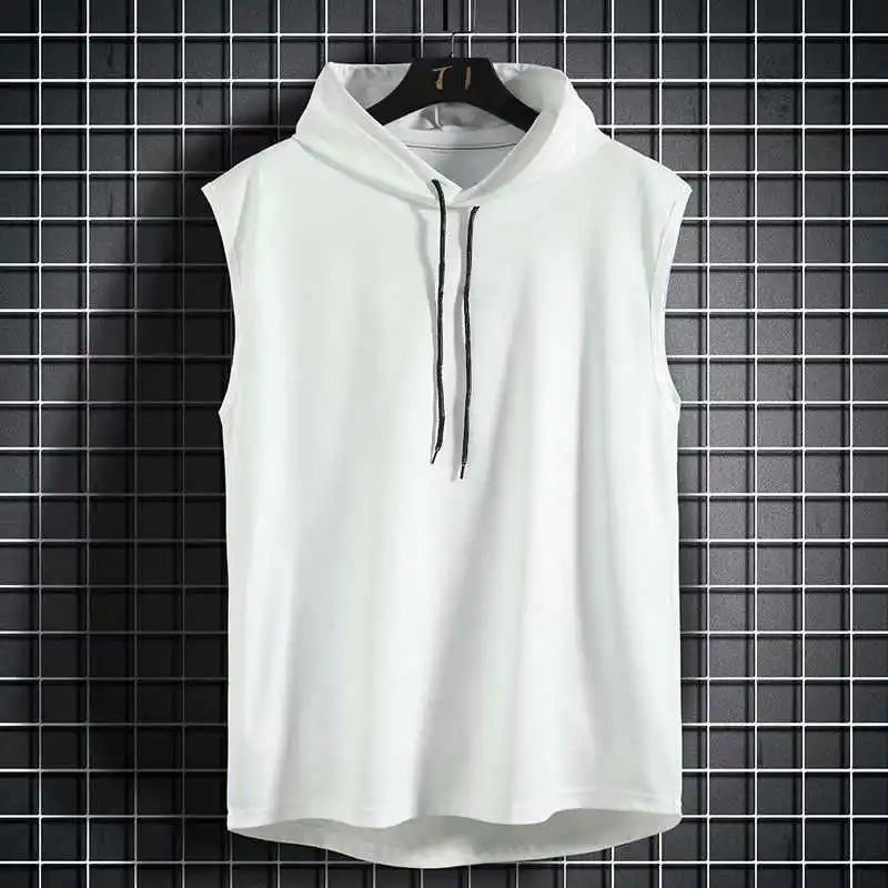 Sleeveless Running Vest Men Shirt with Hat Solid Color Cool Sleeveless Shirt Hooded Sweat Shirt Outdoor Gym Cycling Sports Wear - Slobuy