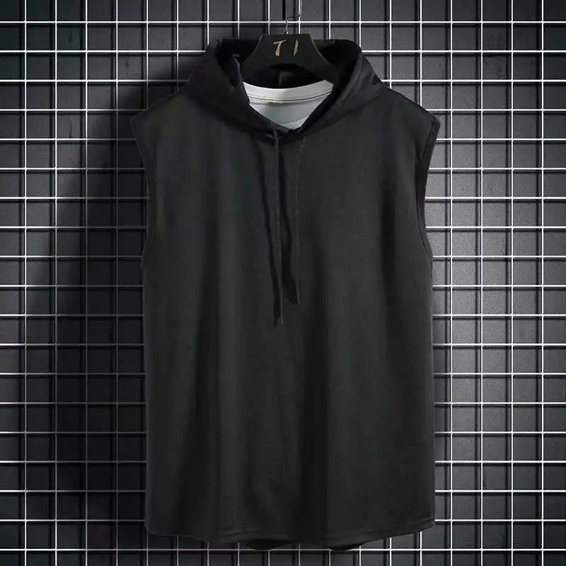 Sleeveless Running Vest Men Shirt with Hat Solid Color Cool Sleeveless Shirt Hooded Sweat Shirt Outdoor Gym Cycling Sports Wear - Slobuy
