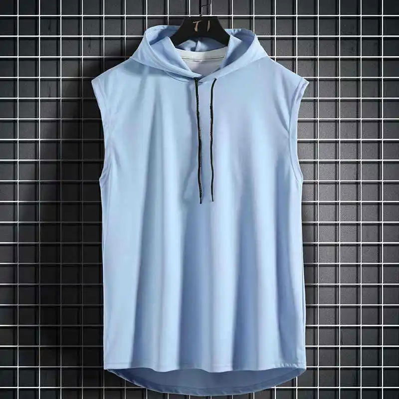 Sleeveless Running Vest Men Shirt with Hat Solid Color Cool Sleeveless Shirt Hooded Sweat Shirt Outdoor Gym Cycling Sports Wear - Slobuy