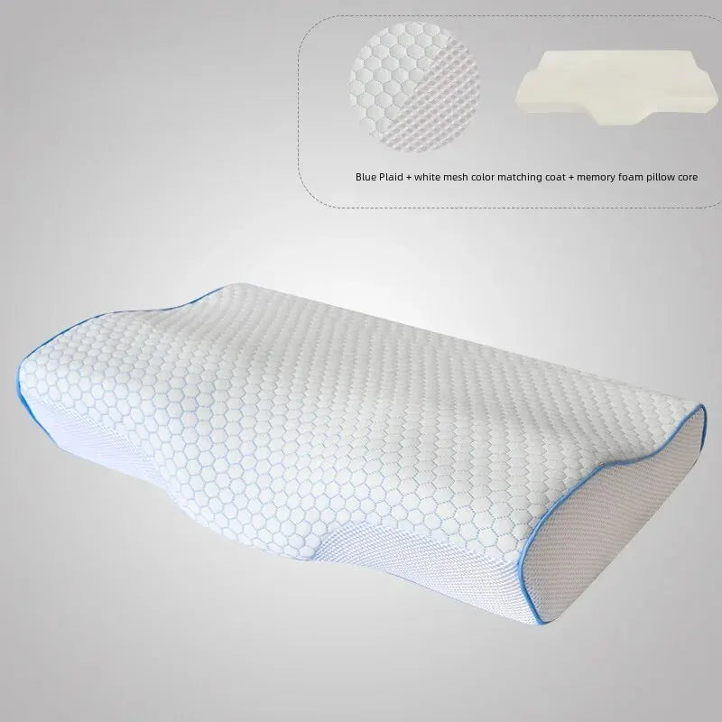 Slow Recovery Vacuum Memory Cotton Pillow Core Butterfly Neck Support Adult White Grey Mesh Blue Edge Double Pillow Color - Slobuy