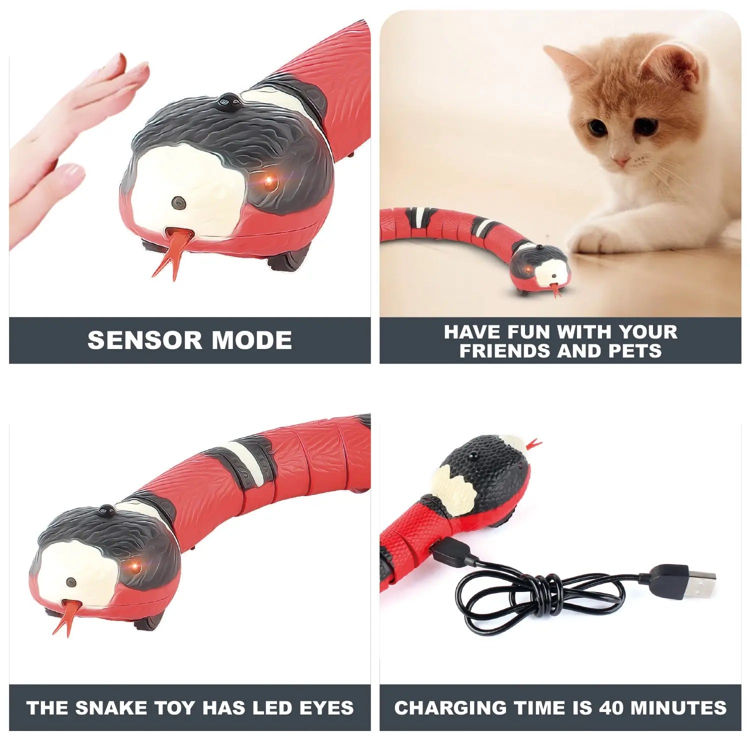Smart Sensing Cat Toys Interactive Automatic Eletronic Snake Cat Teaser Indoor Play Kitten Toy USB Rechargeable for Cats Kitten - Slobuy