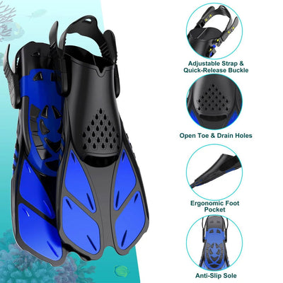 Snorkel Fins Adjustable Buckles Swimming Flippers Short Silicone Scuba Diving Shoes Open Heel Travel Size Adult Men Womens - Slobuy