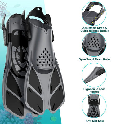 Snorkel Fins Adjustable Buckles Swimming Flippers Short Silicone Scuba Diving Shoes Open Heel Travel Size Adult Men Womens - Slobuy