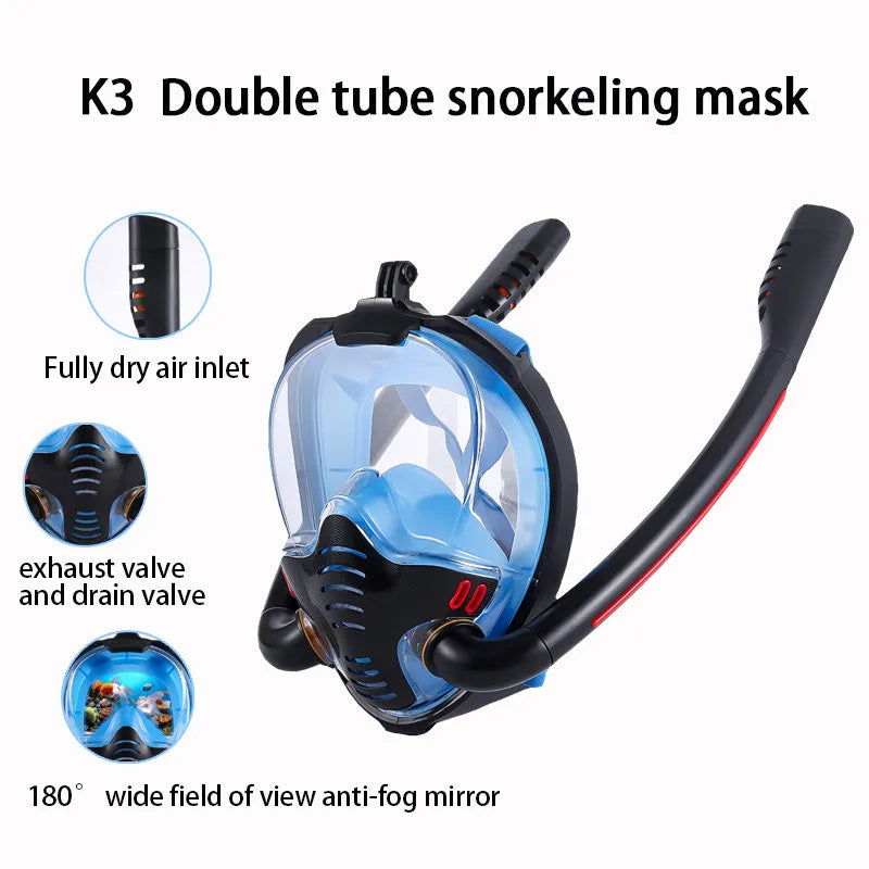 Snorkeling Mask Double Tube Silicone Full Dry Diving Mask Adult Swimming Mask Diving Goggles Self Contained Underwater Breathing - Slobuy