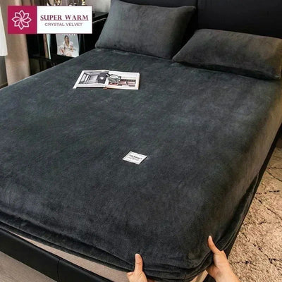 Soft warm plush fitted sheet elastic mattress cover fluffy coral fleece bed linen winter couple luxury double bed bedding - Slobuy