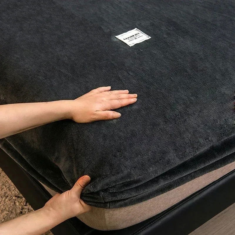 Soft warm plush fitted sheet elastic mattress cover fluffy coral fleece bed linen winter couple luxury double bed bedding - Slobuy