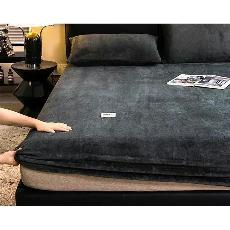 Soft warm plush fitted sheet elastic mattress cover fluffy coral fleece bed linen winter couple luxury double bed bedding - Slobuy
