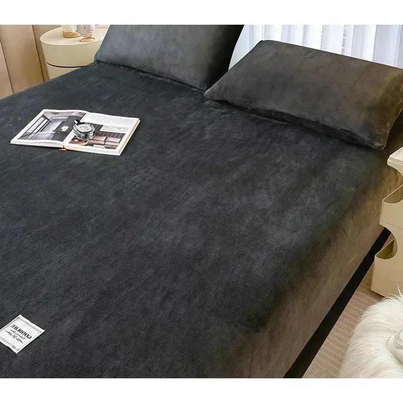 Soft warm plush fitted sheet elastic mattress cover fluffy coral fleece bed linen winter couple luxury double bed bedding - Slobuy