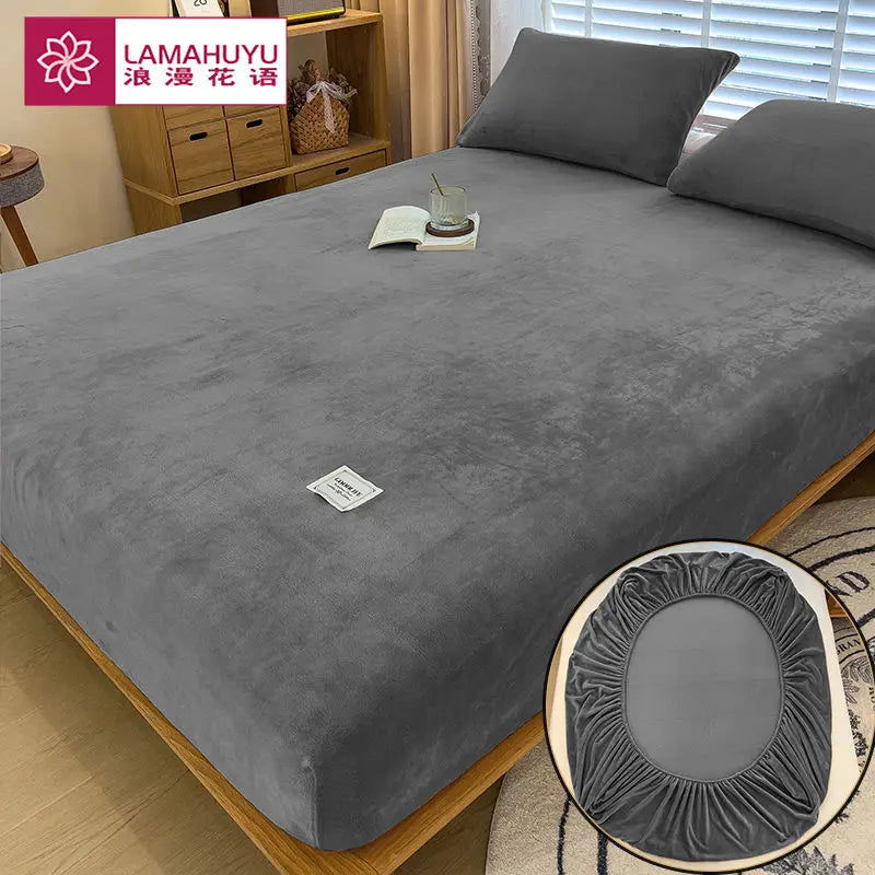 Soft warm plush fitted sheet elastic mattress cover fluffy coral fleece bed linen winter couple luxury double bed bedding - Slobuy