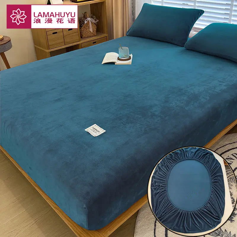 Soft warm plush fitted sheet elastic mattress cover fluffy coral fleece bed linen winter couple luxury double bed bedding - Slobuy
