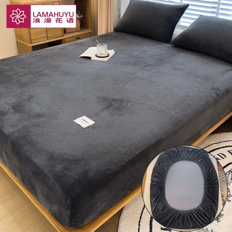 Soft warm plush fitted sheet elastic mattress cover fluffy coral fleece bed linen winter couple luxury double bed bedding - Slobuy