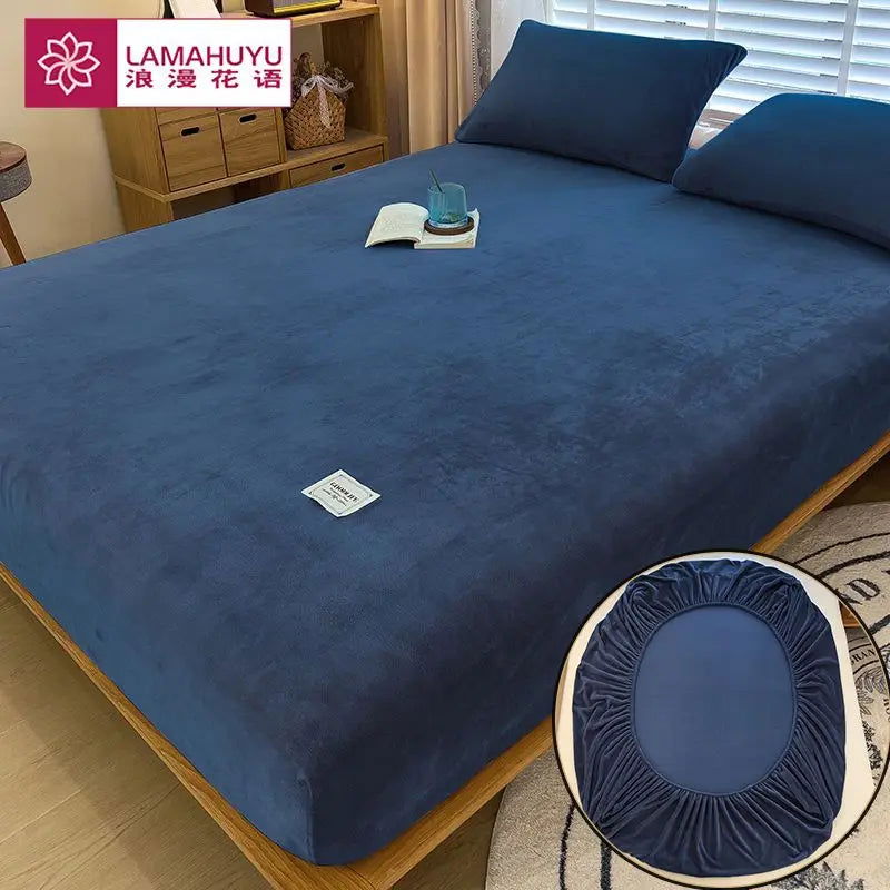 Soft warm plush fitted sheet elastic mattress cover fluffy coral fleece bed linen winter couple luxury double bed bedding - Slobuy
