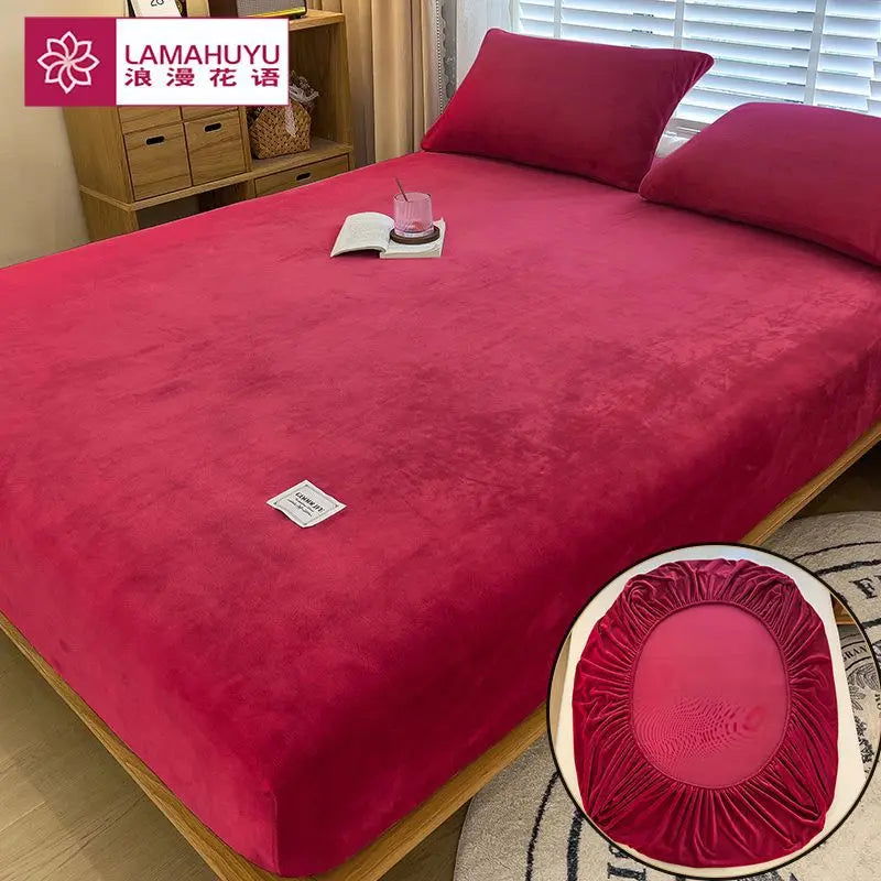 Soft warm plush fitted sheet elastic mattress cover fluffy coral fleece bed linen winter couple luxury double bed bedding - Slobuy