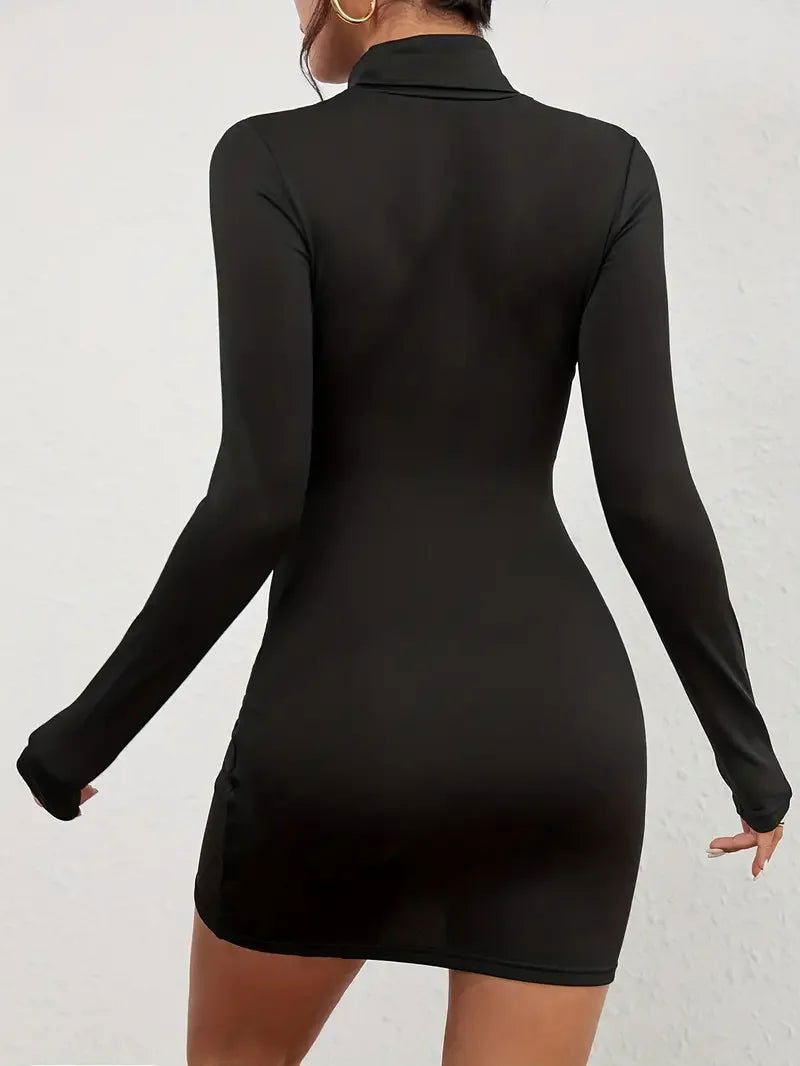 Solid Mock Neck Bodycon Dress, Long Sleeve Party Wear Dress, Women's Clothing - Slobuy
