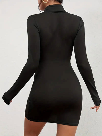 Solid Mock Neck Bodycon Dress, Long Sleeve Party Wear Dress, Women's Clothing - Slobuy