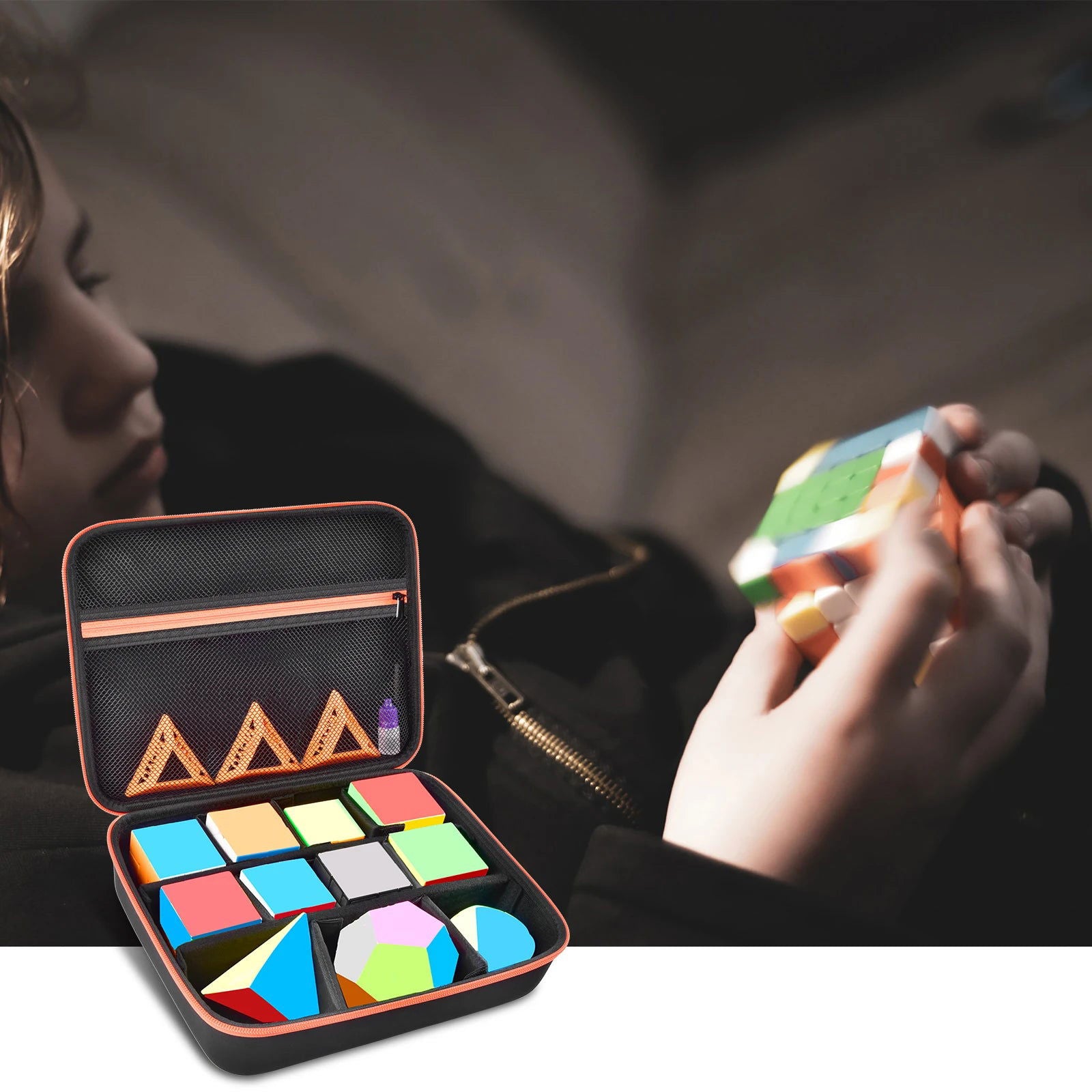 Speed Cube Storage Case Bag Holds 12+ Different Types Cube Retro Brain Teaser Fidget Toy. Carrying Holder with Mesh Pocket - Slobuy