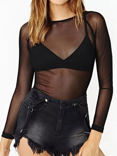 Spring Summer Womens Long Sleeve Sexy Black Mesh Top Blouses Transparent Punk Club Shirt Tees Beach Tops - Slobuy