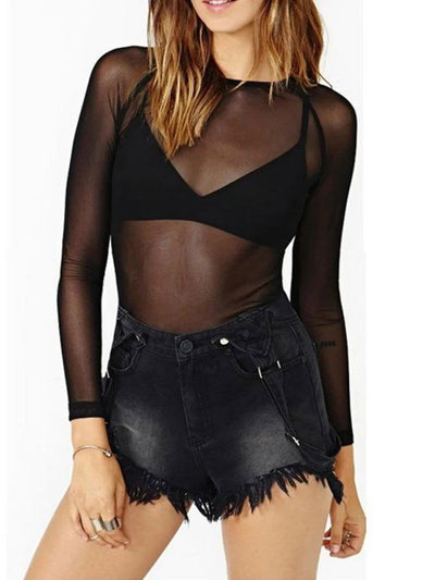 Spring Summer Womens Long Sleeve Sexy Black Mesh Top Blouses Transparent Punk Club Shirt Tees Beach Tops - Slobuy