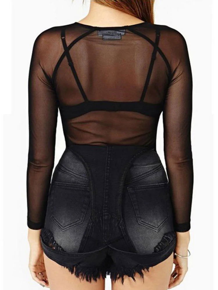 Spring Summer Womens Long Sleeve Sexy Black Mesh Top Blouses Transparent Punk Club Shirt Tees Beach Tops - Slobuy