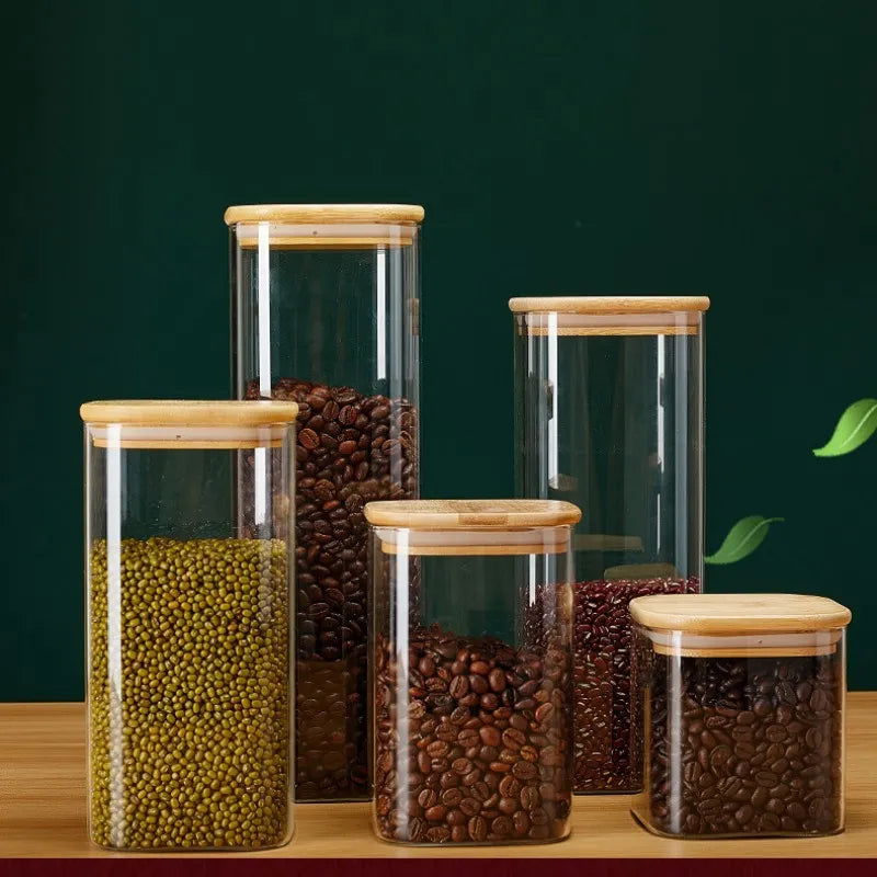 Square Glass Storage Jars with Bamboo Lid for Coffee Beans Grains Noodles food Storage Containers  Kitchen Organizers Storage - Slobuy
