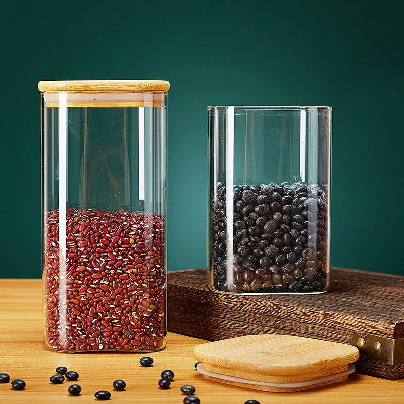 Square Glass Storage Jars with Bamboo Lid for Coffee Beans Grains Noodles food Storage Containers  Kitchen Organizers Storage - Slobuy