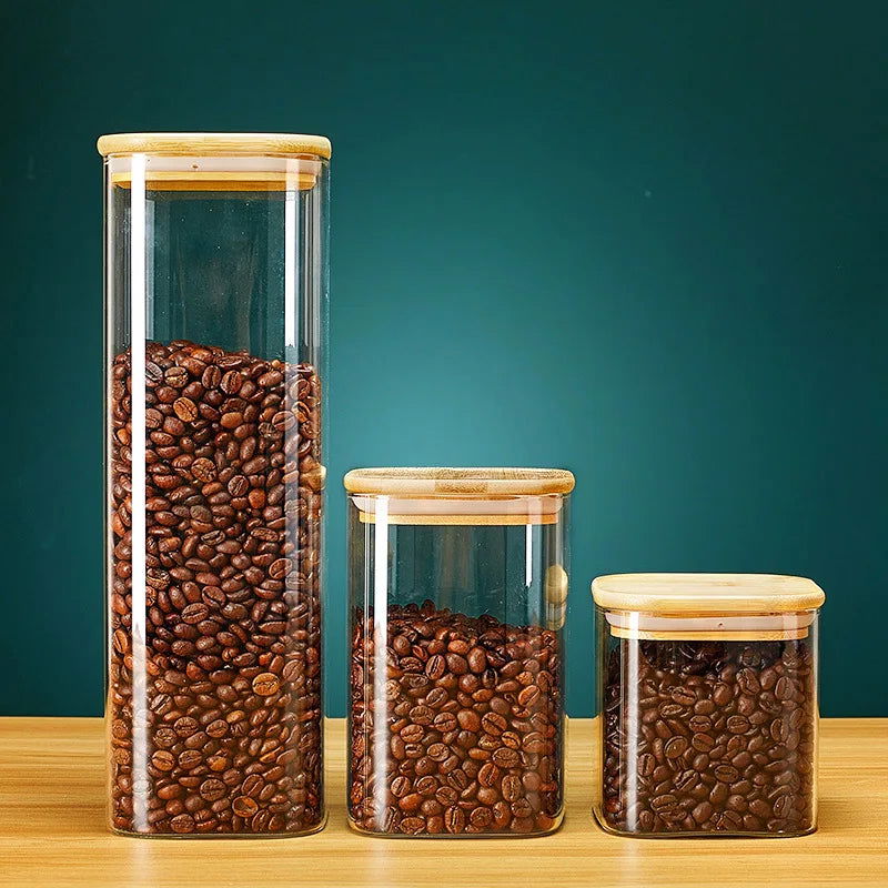 Square Glass Storage Jars with Bamboo Lid for Coffee Beans Grains Noodles food Storage Containers  Kitchen Organizers Storage - Slobuy