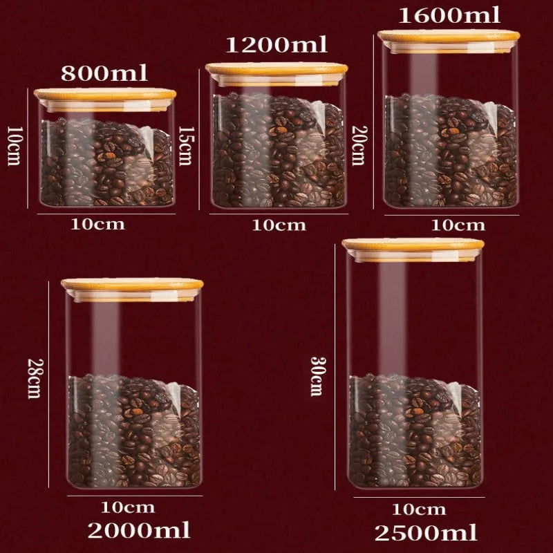 Square Glass Storage Jars with Bamboo Lid for Coffee Beans Grains Noodles food Storage Containers  Kitchen Organizers Storage - Slobuy