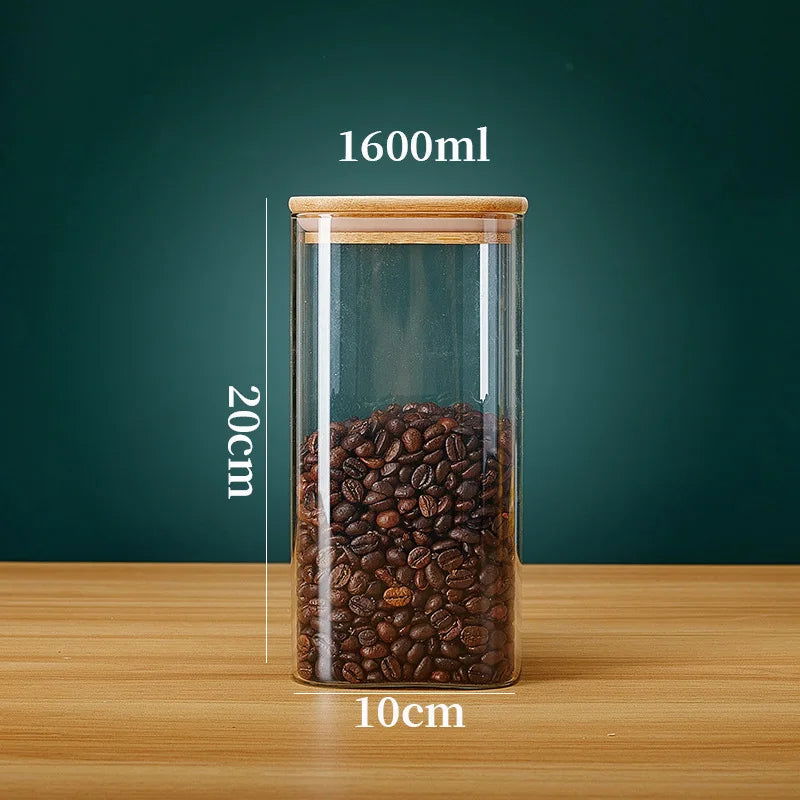 Square Glass Storage Jars with Bamboo Lid for Coffee Beans Grains Noodles food Storage Containers  Kitchen Organizers Storage - Slobuy